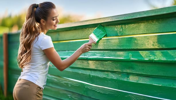 gorgeous woman painting green fence, AI generated image