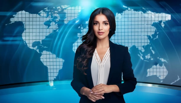 gorgeous female journalist in news tv studio, AI generated image