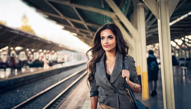 beautiful woman at train station on platform waiting for transport, AI generated image