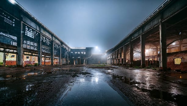 industrial ruins of abandoned factory, AI generated image