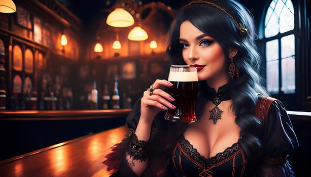 gorgeous young woman drinking beer at the pub, AI generated image