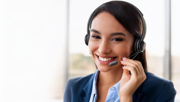 beautiful smiling woman with headset in a call centre