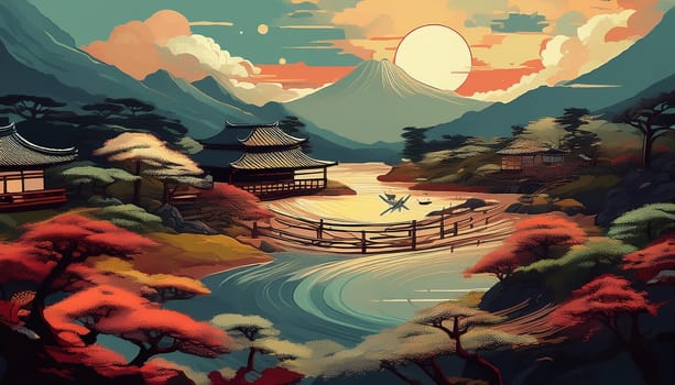 traditional japanese landscape illustration, AI generated image