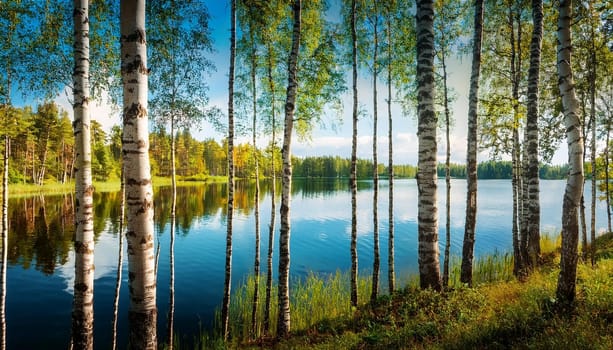 finnish lake and birch trees forest, AI generated image