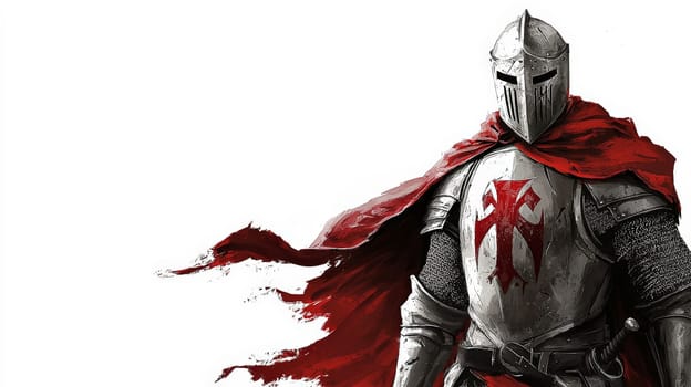 A full-body portrait of a templar knight standing proudly against a blank background, exuding strength and mystery. His armor, marked with red insignias, includes a helmet with narrow eye slits, concealing his gaze. A flowing red cape adds a striking touch to his stoic presence.