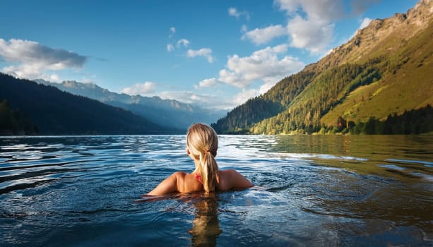 pretty young swimming woman in mountain lake, AI generated image