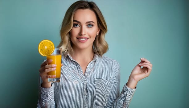 pretty young woman drinking orange juice, AI generated image