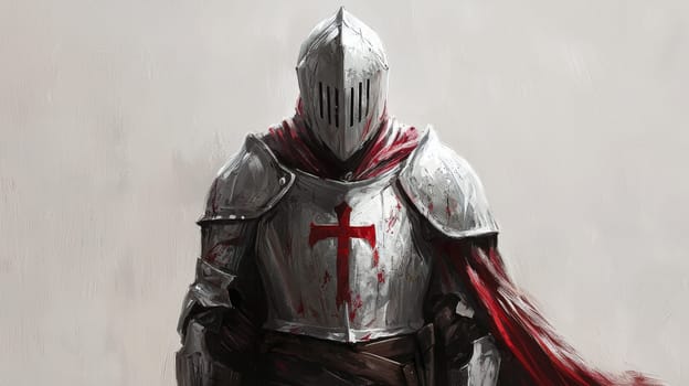 A full-body portrait of a templar knight standing proudly against a blank background, exuding strength and mystery. His armor, marked with red insignias, includes a helmet with narrow eye slits, concealing his gaze. A flowing red cape adds a striking touch to his stoic presence.
