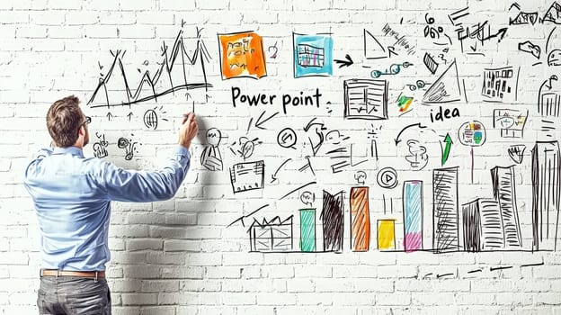 A dynamic illustration of a businessman sketching colorful marketing icons, bar charts, and graphs on a white brick wall, with a cityscape in black ink as the backdrop. The playful doodles include “PowerPoint” and “Idea” symbols, adding an engaging and imaginative touch to a business-themed concept. Soft lighting enhances the vibrant yet simple vector style.