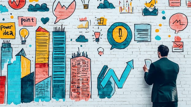 A dynamic illustration of a businessman sketching colorful marketing icons, bar charts, and graphs on a white brick wall, with a cityscape in black ink as the backdrop. The playful doodles include “PowerPoint” and “Idea” symbols, adding an engaging and imaginative touch to a business-themed concept. Soft lighting enhances the vibrant yet simple vector style.