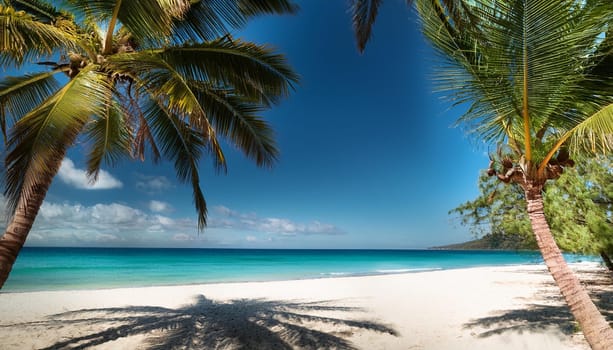 tropical beach landscape with palm trees by the sea