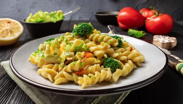 vegetarian pasta primavera dish, AI generated image