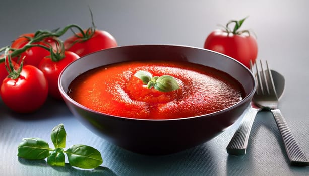 bowl of red tomato puree with basil, AI generated image