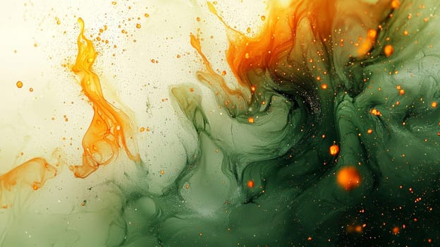 A conceptual abstract image featuring bright green sparks and glowing embers scattered across a white background, with random orange sparks adding contrast. This energetic composition combines vibrant green and warm orange tones, evoking a sense of dynamic movement and intensity.