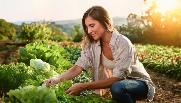 gorgeous young woman picking vegetables, AI generated image