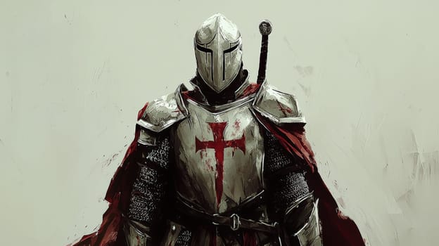 A full-body portrait of a templar knight standing proudly against a blank background, exuding strength and mystery. His armor, marked with red insignias, includes a helmet with narrow eye slits, concealing his gaze. A flowing red cape adds a striking touch to his stoic presence.