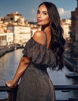 gorgeous young woman dressed in polka dots dress, AI generated image