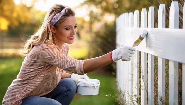 gorgeous woman painting wooden fence, AI generated image