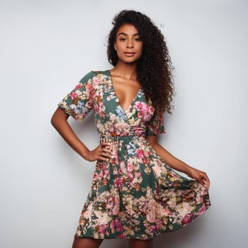 gorgeous young woman in floral summer dress, AI generated image
