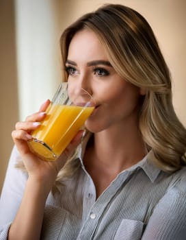 pretty young woman drinking orange juice, AI generated image