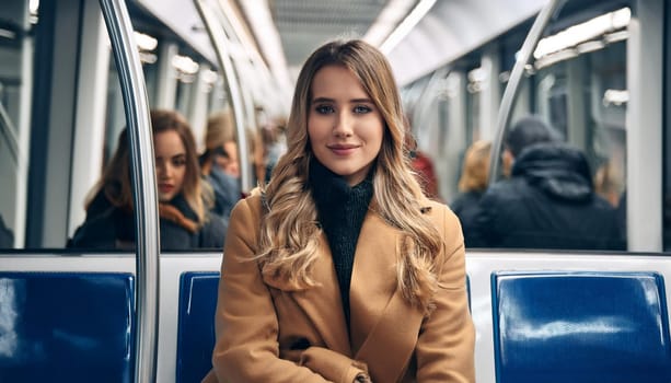gorgeous young woman on subway train, AI generated image