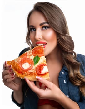 pretty young woman eating pizza margherita, AI generated image