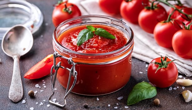 jar of red tomato puree with basil, AI generated image