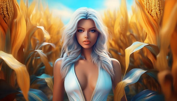 gorgeous young woman in maize field, AI generated image