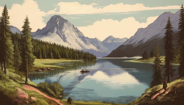 vintage alpine mountain lake scenery drawing, AI generated image