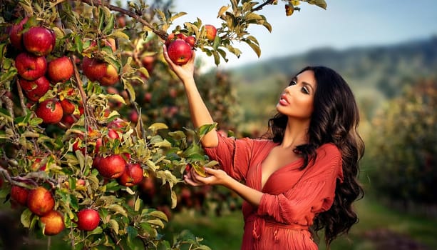 gorgeous young woman picking green apples from a tree, AI generated image