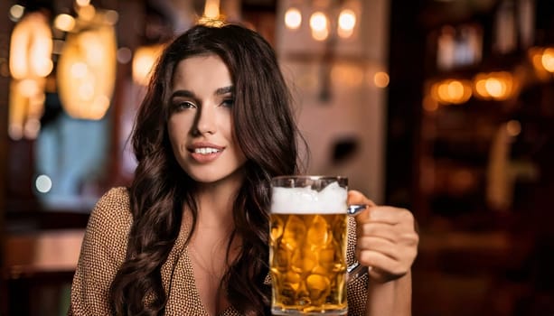 gorgeous young woman drinking beer in a pub, AI generated image