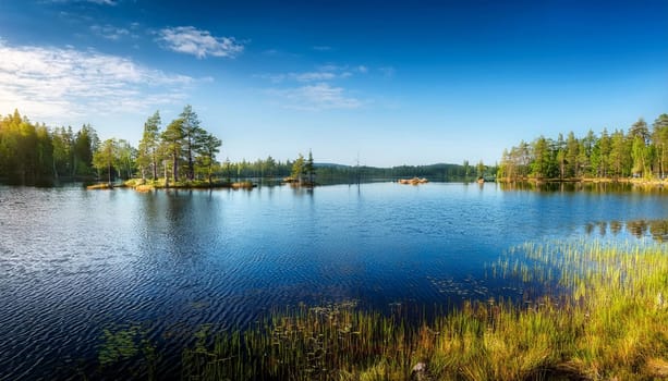 finnish lake landscape with birch trees, AI generated image
