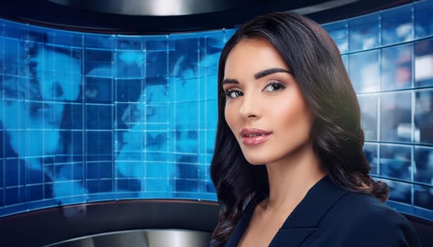 gorgeous female journalist in news tv studio, AI generated image
