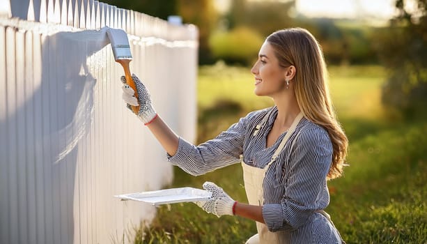 gorgeous woman painting wooden fence, AI generated image