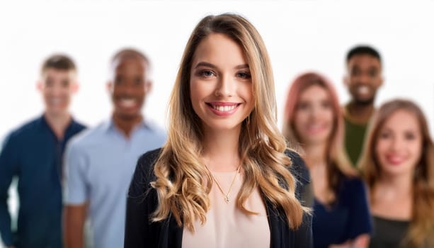 gorgeous woman smiling in a group of people, AI generated image