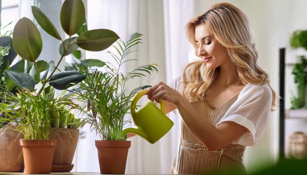 gorgeous young woman watering the houseplants, AI generated image