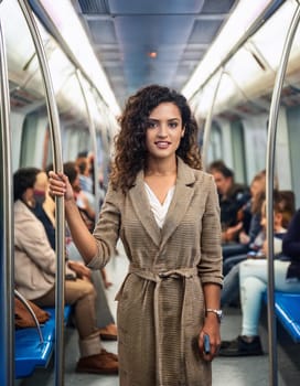 gorgeous young woman on subway train, AI generated image