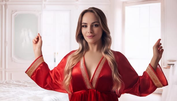 pretty young woman in a red night gown, AI generated image