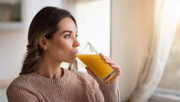 pretty young woman drinking orange juice, AI generated image