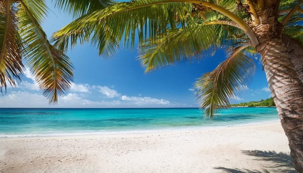 tropical beach landscape with palm trees by the sea