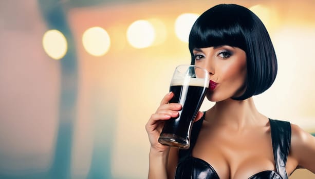 gorgeous woman bob haircut sixties retro futuristic style drinking beer pint, AI generated image