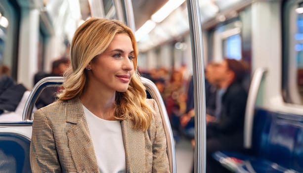 gorgeous young woman on subway train, AI generated image