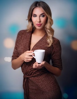 pretty young woman drinking coffee or tea, AI generated image