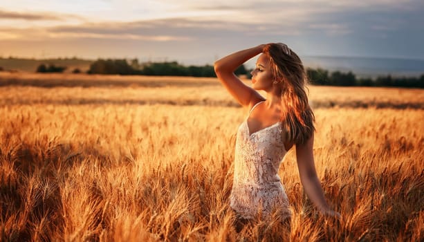 gorgeous young woman in wheat field, AI generated image