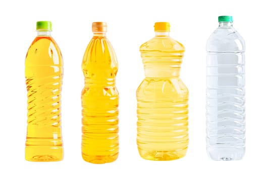Vegetable oil and water plastic bottle isolated on white background, organic healthy food for cooking.