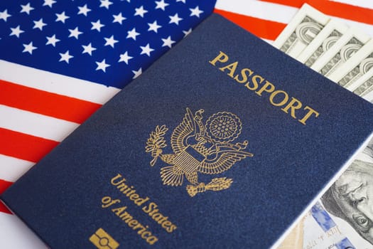 US passport with USA dollar money, American citizen in United States of America.