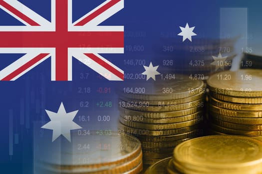 Australia flag with stock market finance, economy trend graph digital technology.