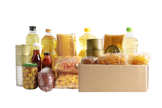 Foodstuffs in donation box isolated on white background for volunteer to help people.