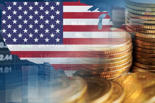 US America flag with stock market finance, economy trend graph digital technology.