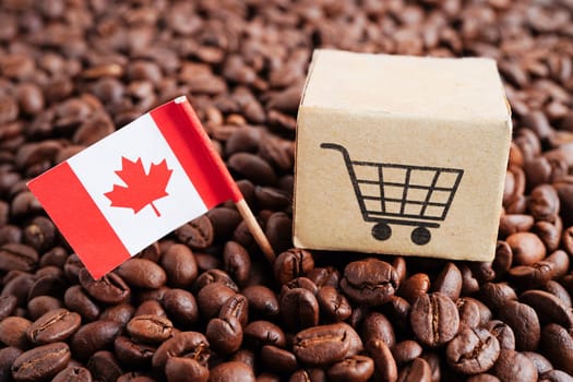 Canada flag with shopping cart on coffee beans, shopping online for export or import food product.